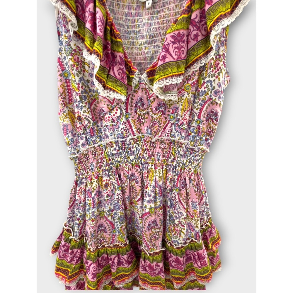 Anthropologie Barok Paris Dress S Pink Paisley Boho Peasant Smocked Ruffle Min - Picture 5 of 12
